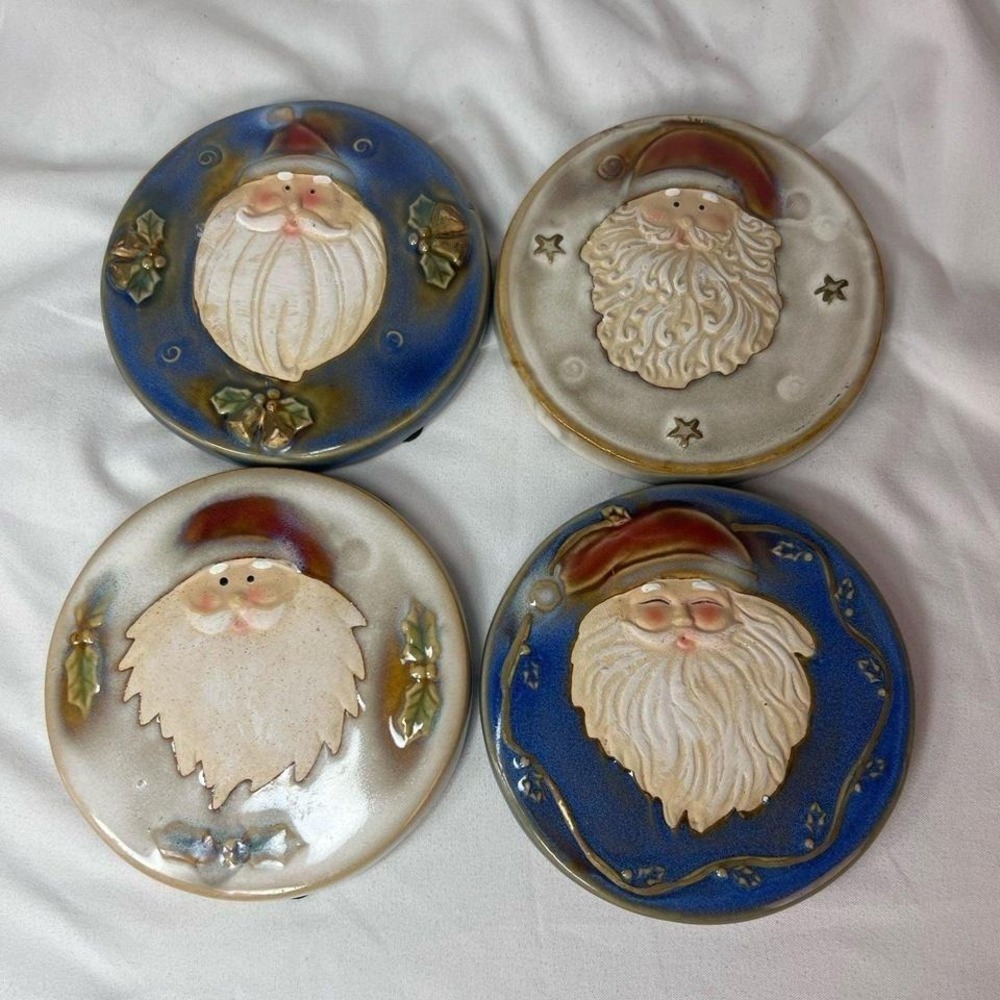 Unbranded Santa Claus Ceramic Coaster Set 4pc Blue Cream Christmas Excellent 3D